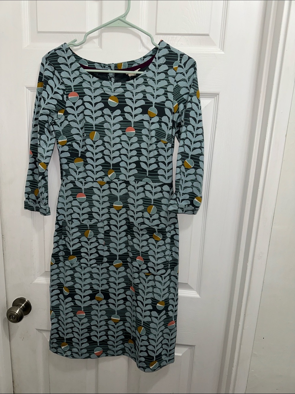 White Stuff 100% Cotton Teal Leaf-Print 3/4 Sleeve Dress